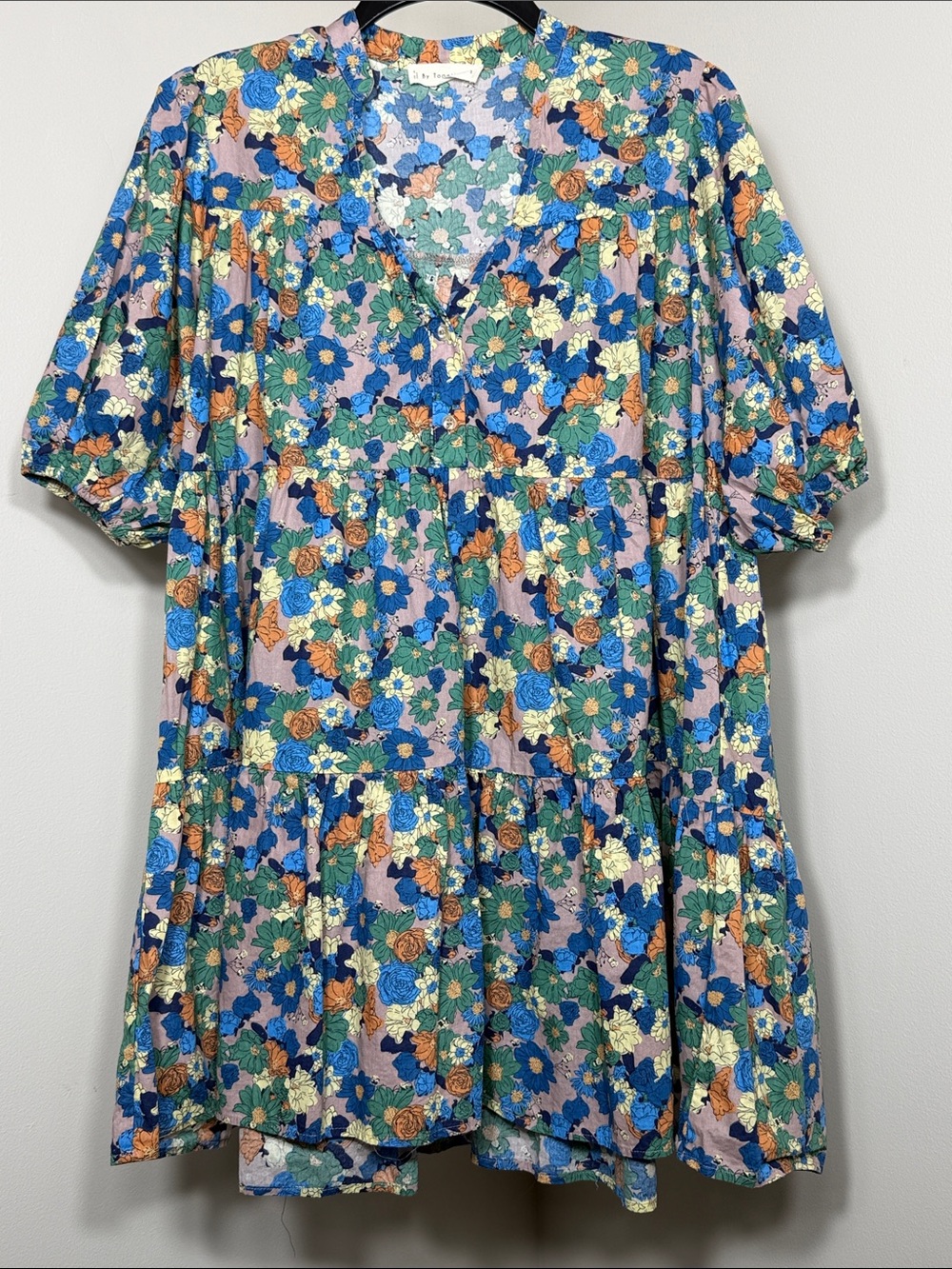 By Together Floral V-Neck Dress in Blue, Green & Peach